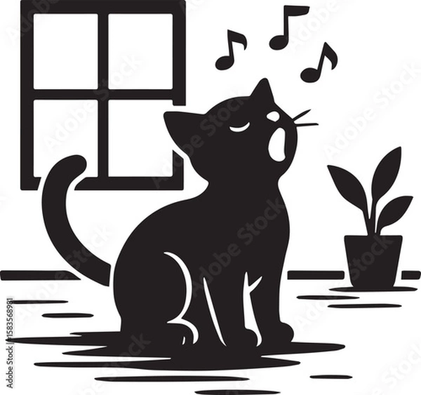 Fototapeta a black and white silhouette of a cute cat is singing a song in room