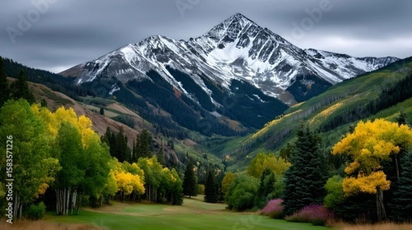 Obraz Majestic Snow capped Mountain Peak with Autumnal Foliage and Golf Course