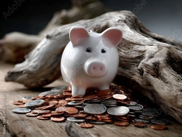 Obraz Piggy Bank on Rustic Wood with Pile of Coins Savings Concept Financial Security