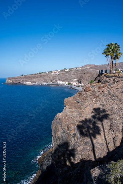 Fototapeta A palm tree casts a shadow on a rocky cliff overlooking the ocean. The scene is serene and peaceful, with the palm tree providing a sense of calmness and tranquility