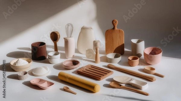 Obraz collection of kitchen items and dining utensils on white background softly lit to create gentle shadows
