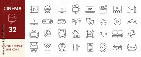 Fototapeta Cinema Line Editable Icons Set. Movie, Camera, Popcorn, Ticket, Screen, Award, 3D Glasses, and More. Vector Illustration.