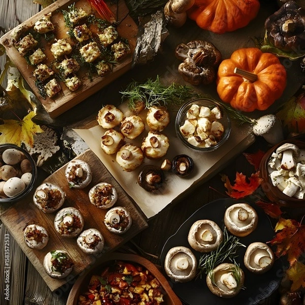 Fototapeta Baked mushrooms stuffed with cheese and vegetables on wooden table. Top view. Mushroom appetizers