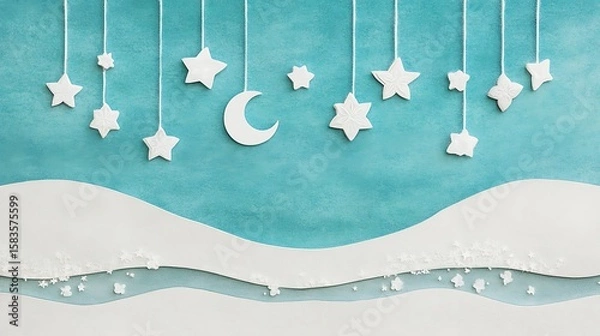 Fototapeta White stars and moon hanging on teal background with snowy hills