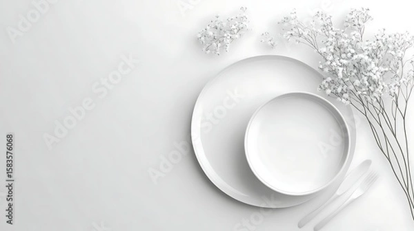 Obraz White tableware and flowers on a white surface