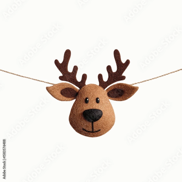 Obraz Adorable Felt Reindeer Ornament Hanging on Twine Against Olive Green Transparent background