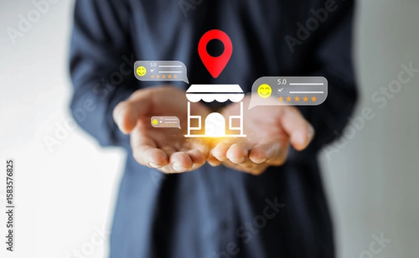 Fototapeta Customer satisfaction feedback review concept. Buyer types on a keyboard to write product or service experience and gives 5-star rating. Customers review the online shopping platform.