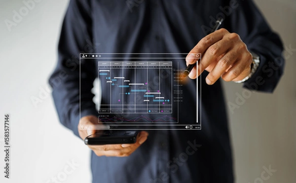 Fototapeta Project manager work with Gantt chart schedule, plan tasks and deliverables. Scheduling activities to do list, KPI dashboard, representing corporate efficiency, productivity, and timeline tracking.