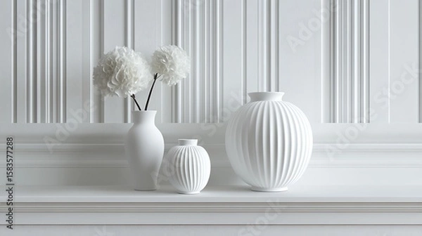 Obraz White vases and pom-poms on a white shelf