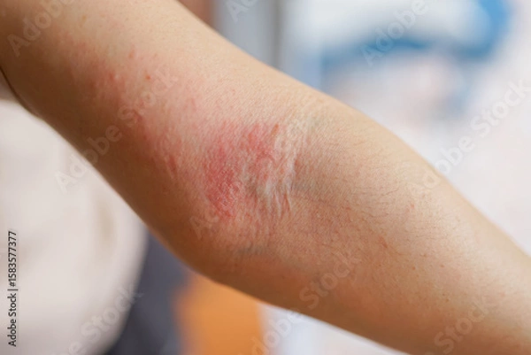 Fototapeta Sensitive skin allergic concept, Woman itching on her arm have a red rash from allergy symptom and from scratching. 
