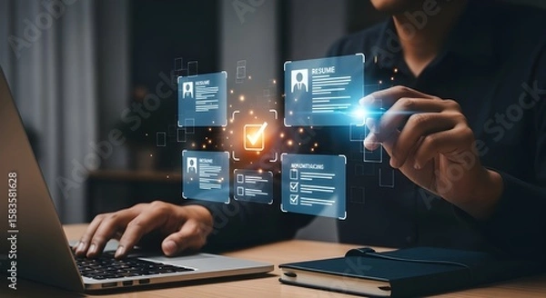 Fototapeta Recruitment Process with Hologram Interface Displaying Candidate Profiles | Human Resources Technology for Hiring, Employee Selection and Talent Acquisition