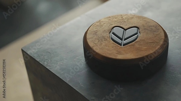 Obraz Wooden disc with heart-shaped emblem on a grey surface