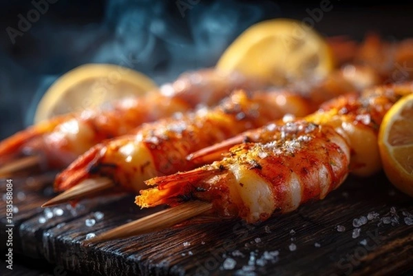 Fototapeta Grilled shrimp skewers seasoned and garnished with lemon presented on a wooden board