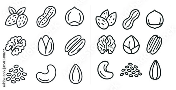 Fototapeta Set of images of nuts and seeds. The nuts and seeds are shown in various sizes and shapes