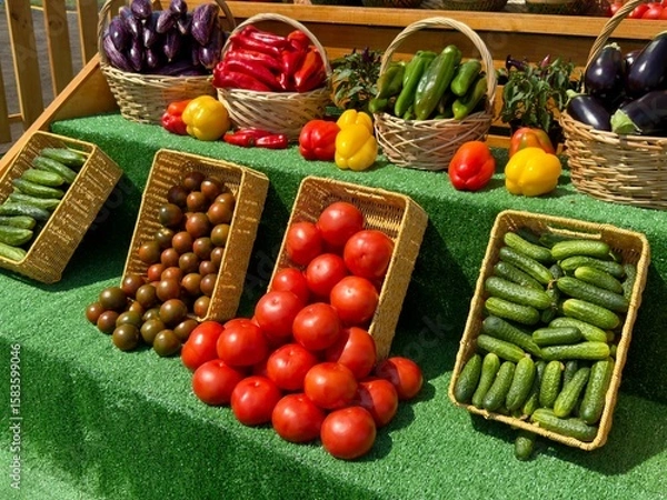 Obraz Red tomatoes, green cucumbers, black tomatoes, peppers, and eggplants are displayed in wicker baskets on a market stall, creating a colorful and inviting scene