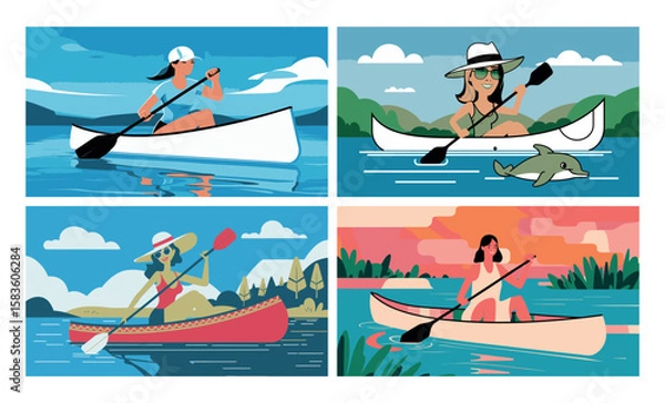 Fototapeta A woman paddles a canoe on a calm lake surrounded by mountains and a cloudy sky