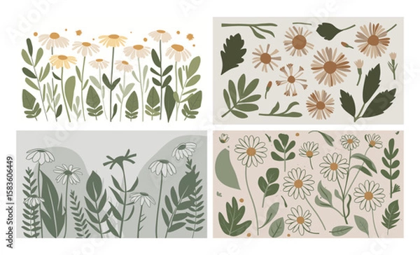 Fototapeta A field of daisies and green leaves isolated on a white background in spring