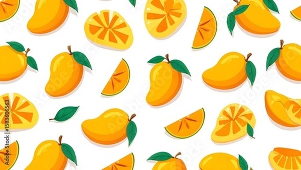 Fototapeta Seamless Mango Pattern with Sliced Fruits and Green Leaves on White Background Flat Vector Design, Digital Wallpaper