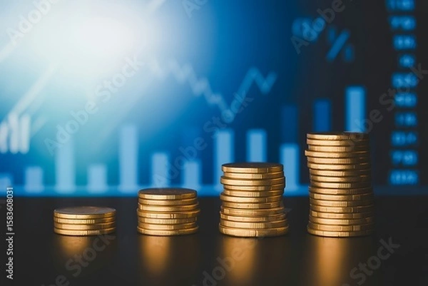 Obraz Golden coins stacked in ascending order against a blue financial graph background growth finance
