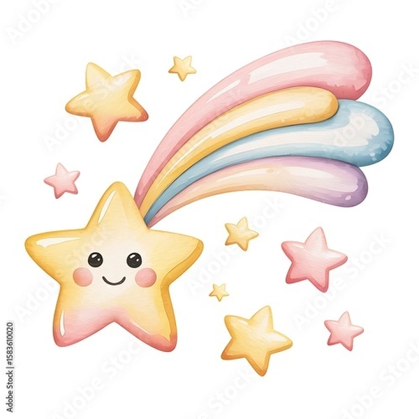 Fototapeta Smiling star with rainbow tail and smaller stars pastel