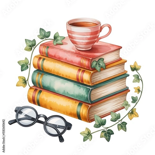 Fototapeta Stacked books with tea and spectacles reading