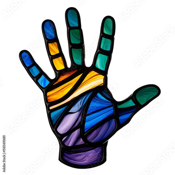 Obraz Vibrant Stained Glass Hand, Abstract Art, Open Palm, Colorful, Symbolic, Hopeful, Spiritual, Positive Energy, Artistic Design
