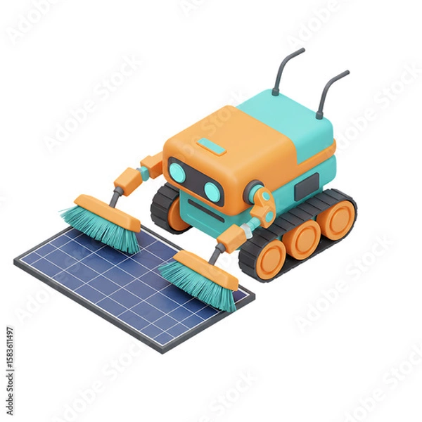 Fototapeta 3D robot sweeping solar panel with dual brushes