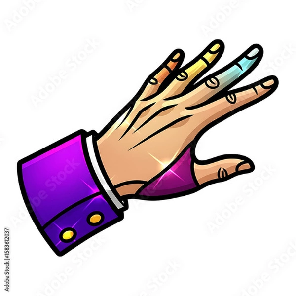 Obraz Stylish Hand Gesture: Vibrant Pop Art Design, Rainbow Nails, Purple Cuff