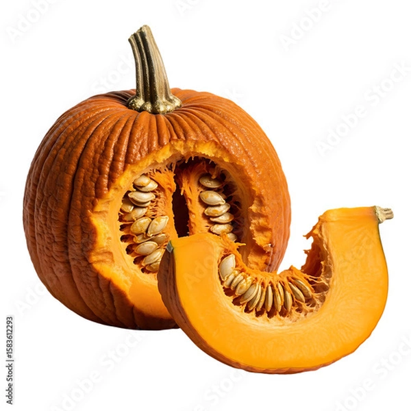 Obraz Studio Shot: Halved Pumpkin with Seed Detail, Autumnal Harvest, Vibrant Orange Hues, Isolated on Black Background