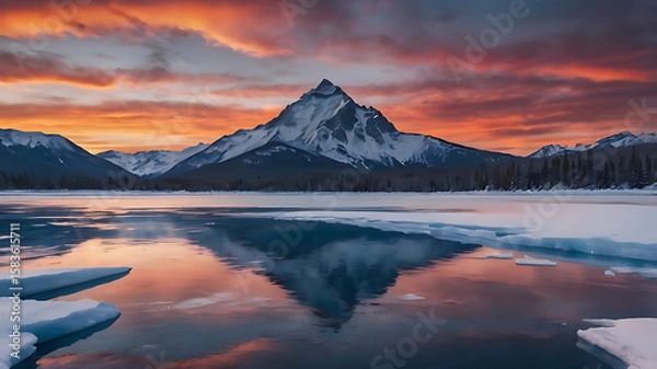 Fototapeta A Majestic Mountain Reflected in an Icy Lake at Sunset, 4k