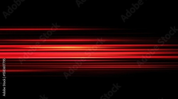 Fototapeta Red light streaks on a black background with glowing horizontal lines in a high speed motion blur effect.