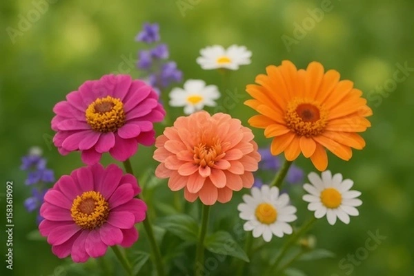 Fototapeta A vibrant bouquet of zinnias and daisies in full bloom against a soft green backdrop