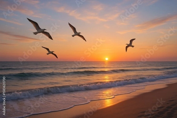 Fototapeta Seagulls in Flight Over a Serene Beach at Sunset