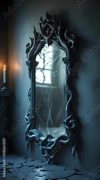 Fototapeta A magical antique mirror. Night view of the room, fantasy. Dark abstract background. Generative AI image ancient, mystical decor and vintage baroque mirror with a dusty, detail-laden look.