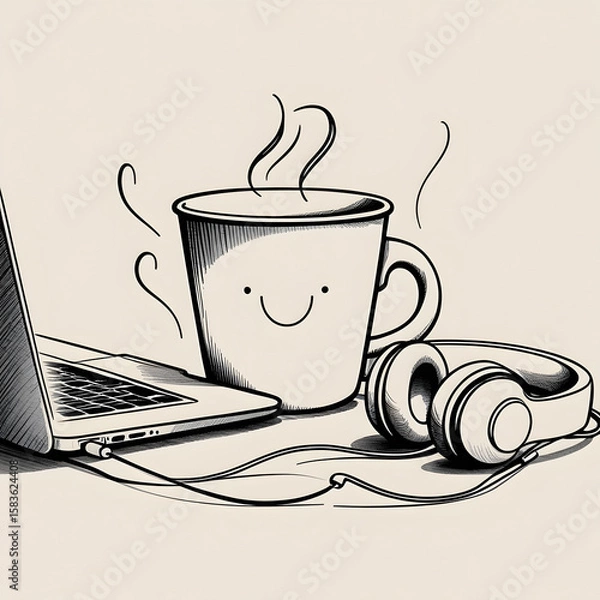 Fototapeta Top View of Minimalist Workspace with Coffee, Bluetooth Headphones, and Laptop. Ai generated Black and White Illustration Copy Space image.