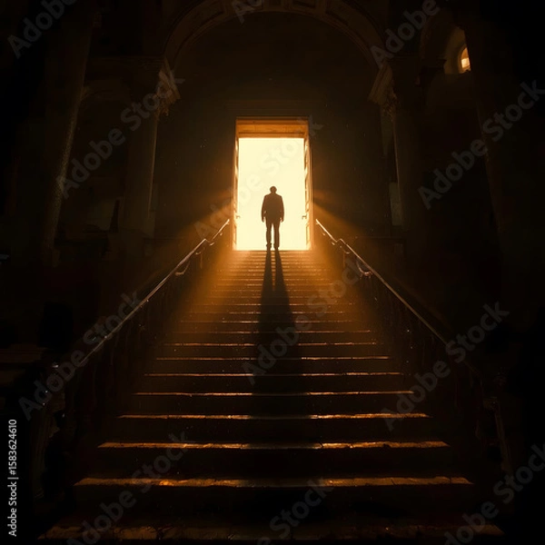 Fototapeta A man is walking up a dark staircase with a light shining on him from an open door. Generative AI image Silhouette of a businessman standing in front of a door with light coming through.