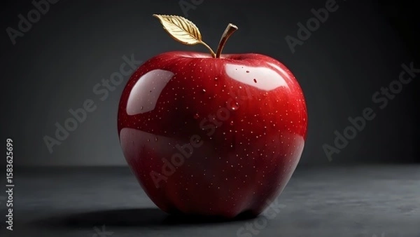 Fototapeta Red Apple with Golden Leaf A Symbol of Freshness and Health, isolated on a dark background.