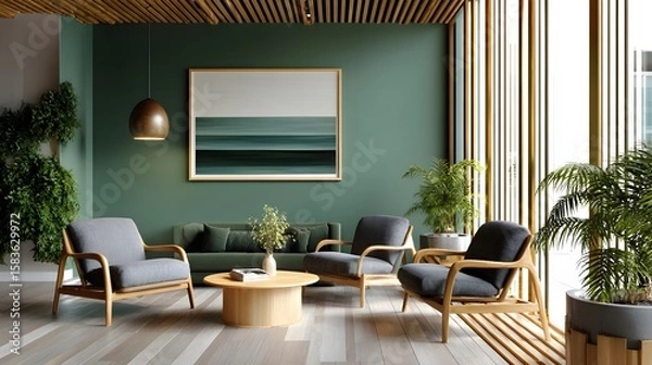 Fototapeta Contemporary Living Room Design Featuring Green Walls, Wooden Furniture, and Stylish Decor