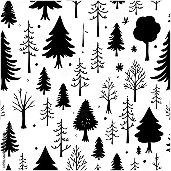 Fototapeta A Black and White Seamless Pattern of Various Tree Silhouettes for Background Designs