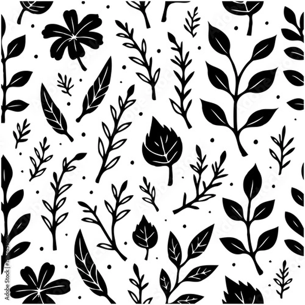 Fototapeta Elegant Black and White Botanical Pattern with Leaves and Flowers Decoration