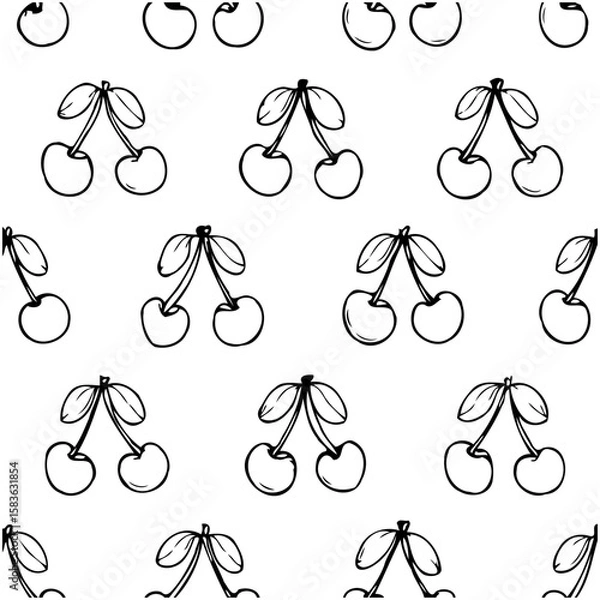 Fototapeta Seamless Cherry Pattern: Hand-Drawn Black and White Fruit Design for Backgrounds