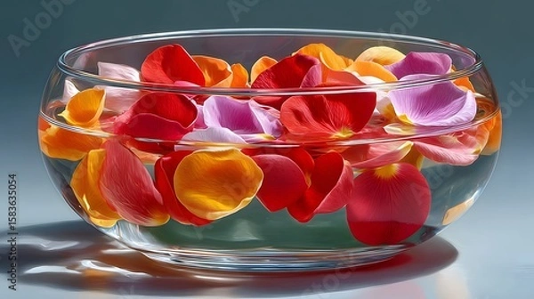 Obraz Colorful Flower Petals Floating on Water in a Glass Bowl Creating a Serene and Elegant Atmosphere