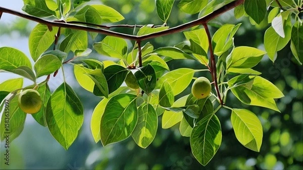 Obraz Lush Green Leaves and Branches Illuminated by Sunlight in a Natural Outdoor Setting