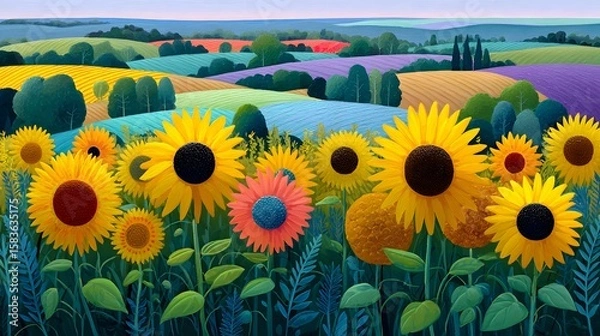 Obraz Vibrant Sunflower Field Overlooking Rolling Hills and Colorful Landscape Under Clear Sky
