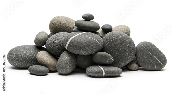 Fototapeta Pile of smooth gray rocks with white stripes on white