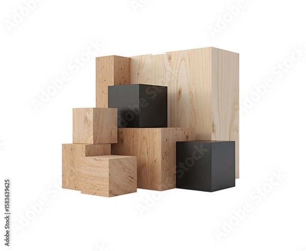 Fototapeta Abstract Wood Block Composition: Brown and Black Cubes on White Background
