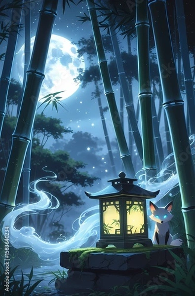 Fototapeta Mystical Forest Scene with Fox, Lantern, and Glowing Moonlit Atmosphere
