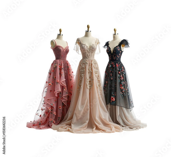 Fototapeta Three Elegant Dresses with Layered Designs and Unique Prints on white Background

