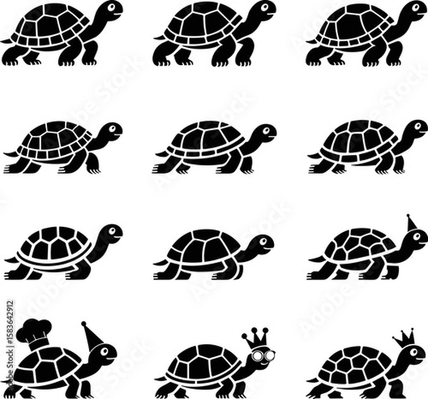Fototapeta Playful Turtle Silhouette Set – Bold Black Vector Animal Icons