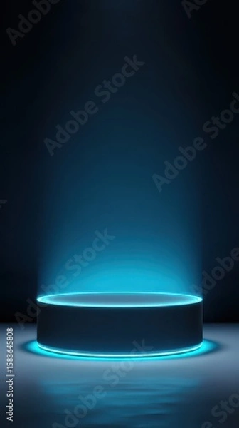 Fototapeta Stunning photo of background podium 3D light neon blue platform stage product abstract. Scene background 3D podium dark pedestal room glow studio empty stand floor night modern.